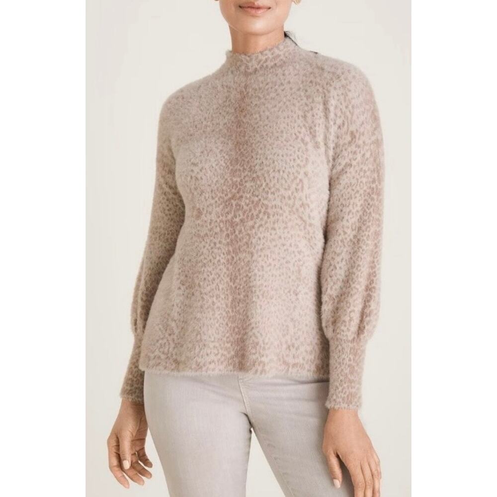 Chico's Soft Eyelash Yarn Light Tan Animal Print Mock Neck Knit Sweater MEDIUM